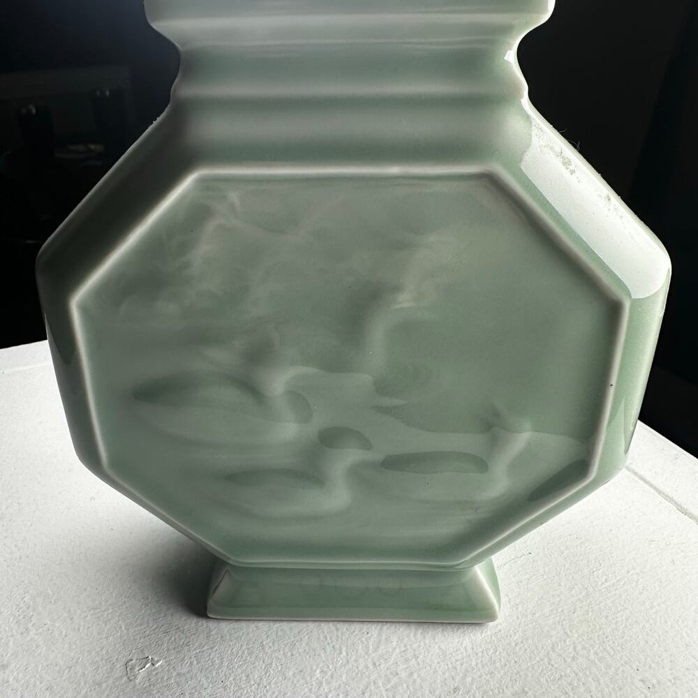 Vintage Japanese Celadon Glazed Hexagon Vase with Birds